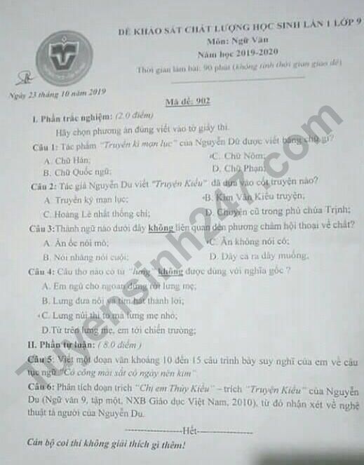 Đề thi giữa kì 1 môn Văn lớp 9 năm 2019 Trường THCS Vĩnh Tường