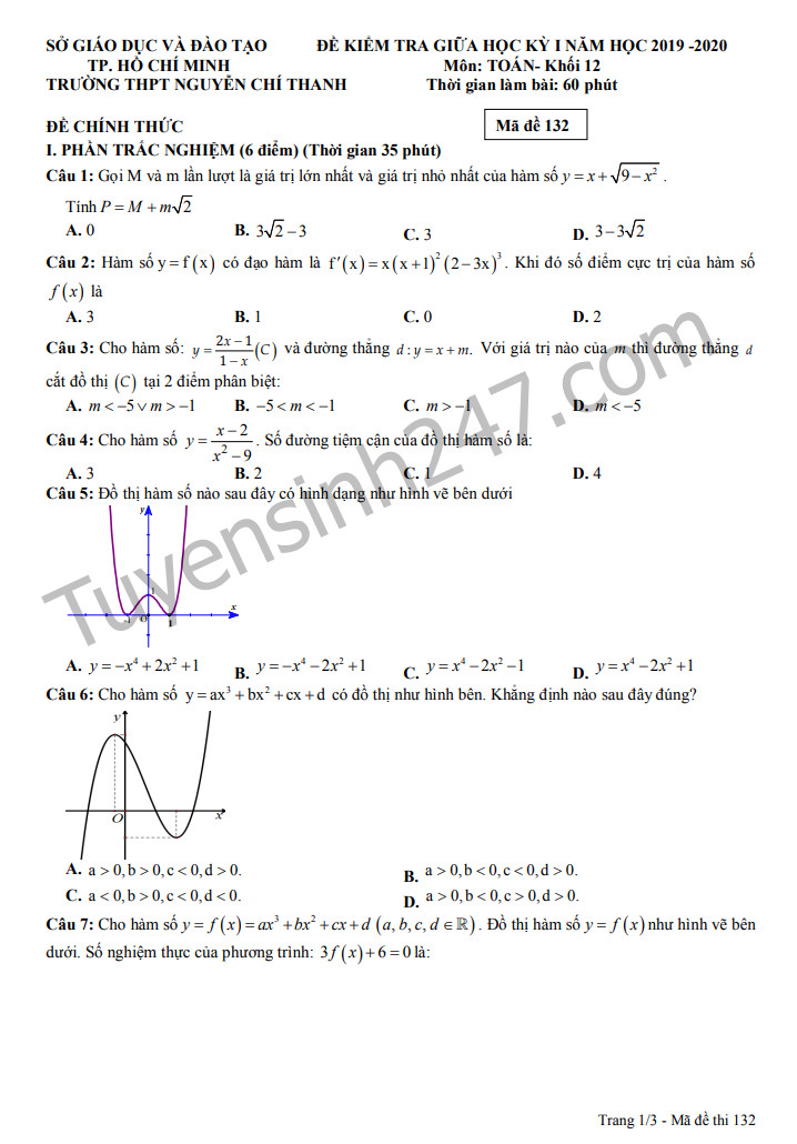 Đề thi giữa kì 1 lớp 12 môn Toán - năm 2019 THPT Nguyễn Chí Thanh 