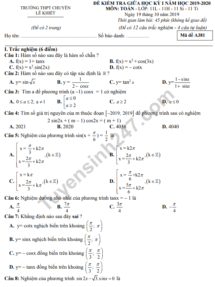 Đề thi giữa kì 1 lớp 11 môn Toán - THPT Chuyên Lê Khiết 2019