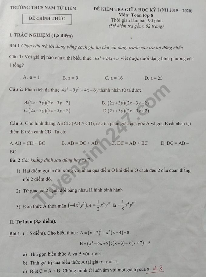 Đề thi giữa kì 1 lớp 8 môn Toán 2019 - 2020 THCS Nam Từ Liêm