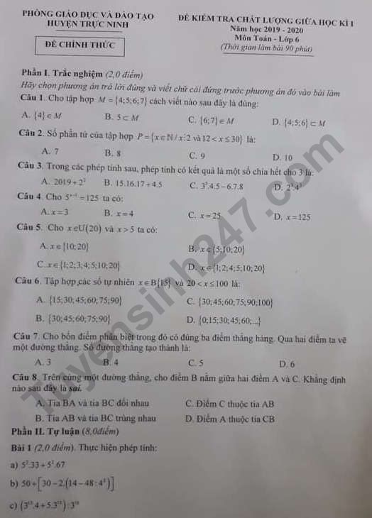 Đề thi giữa kì 1 lớp 6 môn Toán 2019 - Trực Ninh