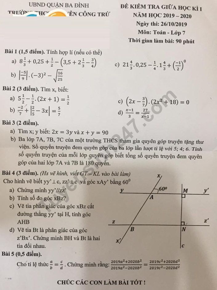 Đề thi giữa kì 1 môn Toán lớp 7 THCS Nguyễn Công Trứ 2019