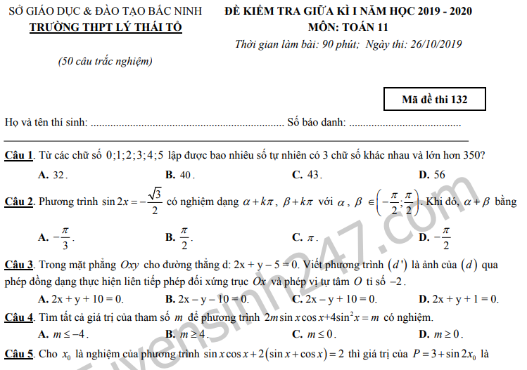 Đề thi giữa kì 1 môn Toán lớp 11 THPT Lý Thái Tổ 2019 - 2020