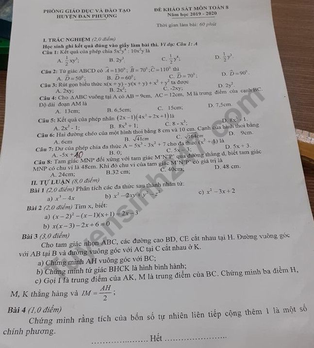 Đề thi giữa kì 1 môn Toán lớp 8 huyện Đan Phượng 2019