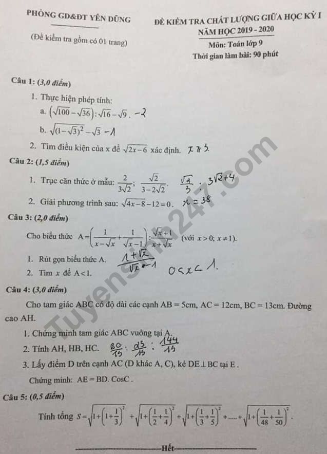 Đề thi giữa kì 1 môn Toán lớp 9 năm 2019 - THCS Yên Dũng