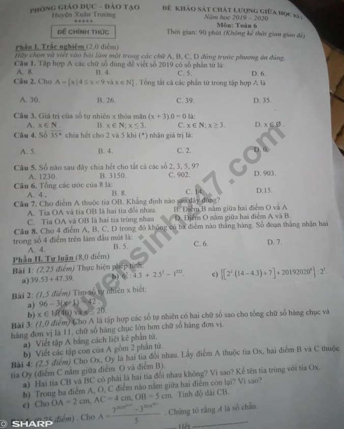 Đề thi giữa kì 1 môn Toán lớp 6 năm 2019 - huyện Xuân Trường