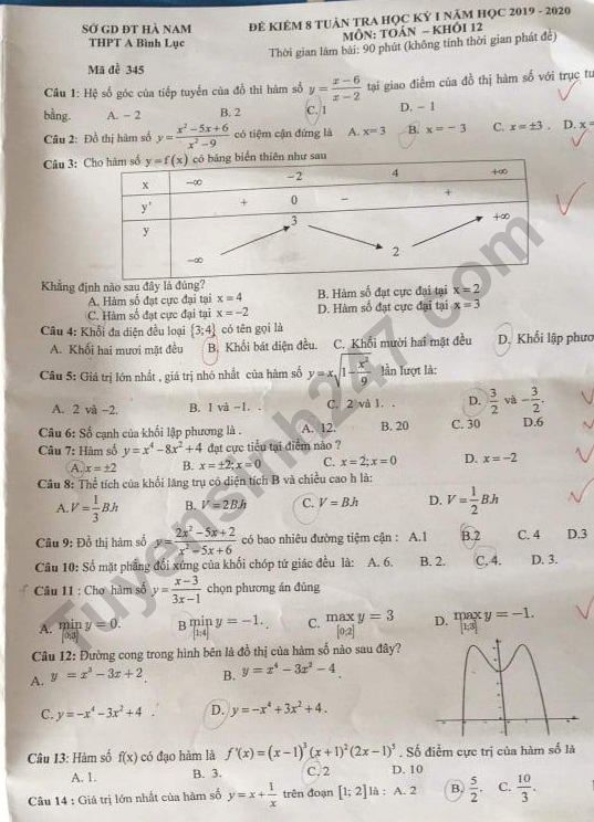 Đề thi giữa kì 1 lớp 12 môn Toán 2019 - THPT A Bình Lục