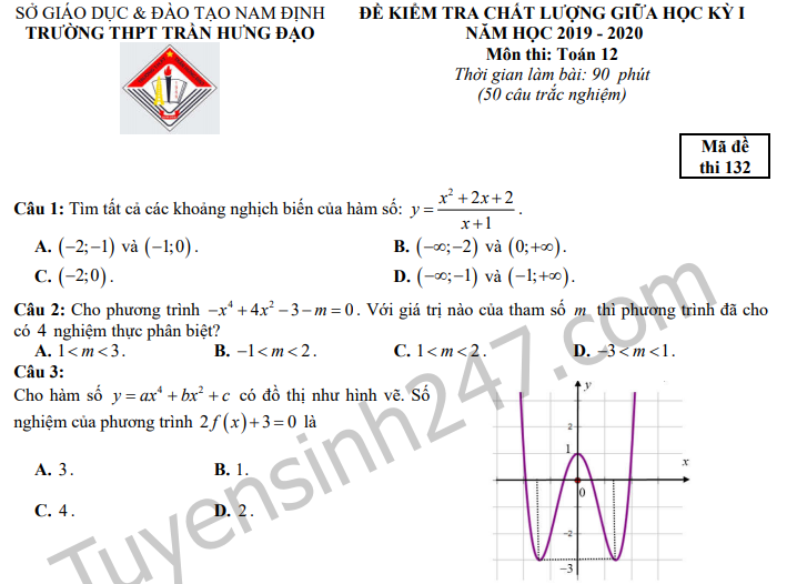 Đề thi giữa kì 1 môn Toán lớp 12 năm 2019 - THPT Trần Hưng Đạo