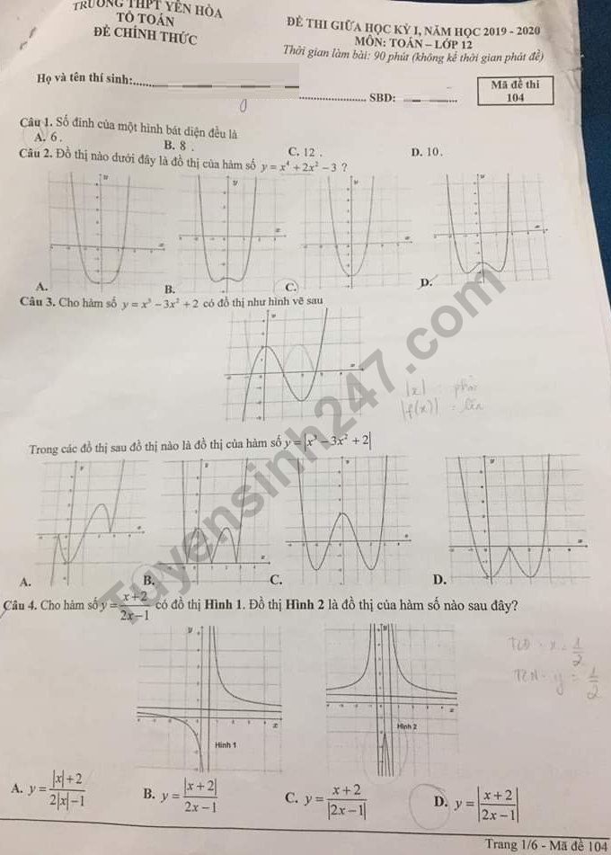 Đề thi giữa kì 1 môn Toán lớp 12 THPT Yên Hòa 2019 - 2020