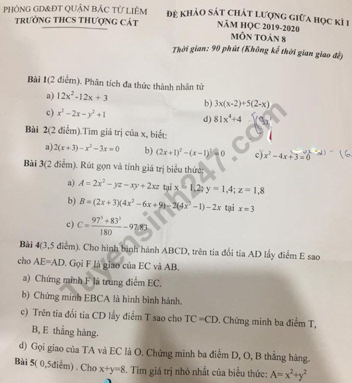 Đề thi giữa kì 1 lớp 8 môn Toán 2019 - 2020 THCS Thượng Cát