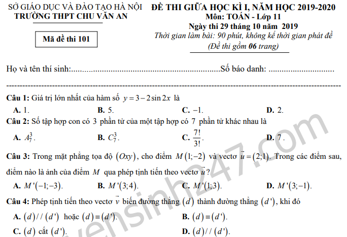 Đề thi giữa kì 1 môn Toán lớp 11 năm 2019 THPT Chu Văn An