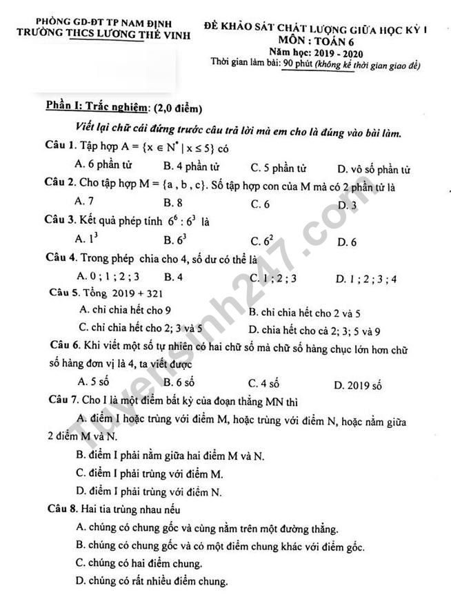 Đề thi giữa kì 1 môn Toán lớp 6 năm 2019 - THCS Lương Thế Vinh