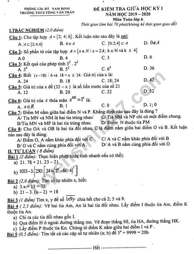 Đề thi giữa kì 1 lớp 6 môn Toán 2019 - THCS Tống Văn Trân