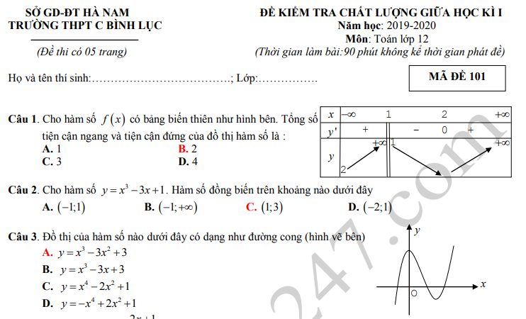 Đề thi giữa kì 1 môn Toán lớp 12 - THPT C Bình Lục 2019