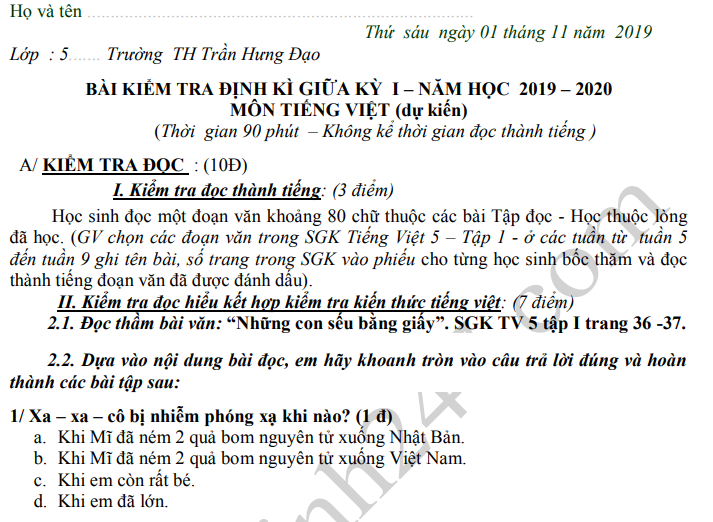 Đề thi giữa kì 1 môn Tiếng Việt lớp 5 - TH Trần Hưng Đạo 2019
