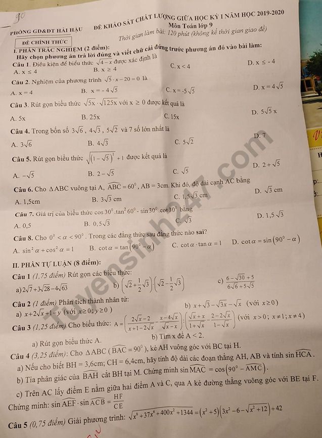 Đề thi giữa kì 1 môn Toán lớp 9 Phòng GD Hải Hậu 2019