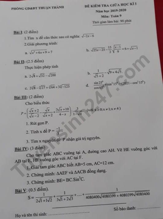 Đề thi giữa kì 1 lớp 9 môn Toán 2019 - Phòng GD Thuận Thành