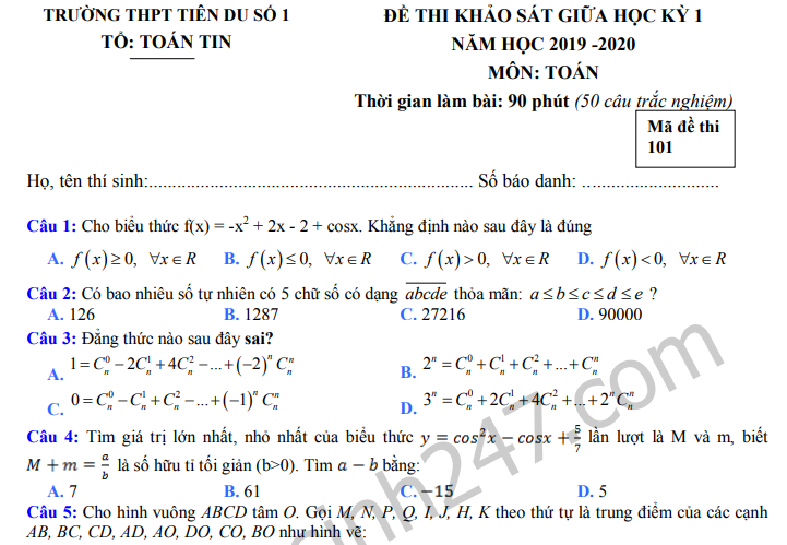 Đề thi giữa kì 1 môn Toán lớp 11 THPT Tiên Du 2019