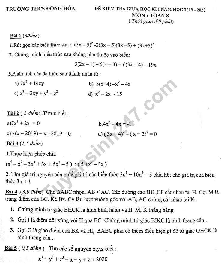 Đề thi giữa kì 1 lớp 8 môn Toán 2019 THCS Đông Hòa