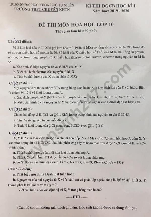 Đề thi học kì 1 lớp 10 môn Hóa THPT Chuyên KHTN 2019 - 2020