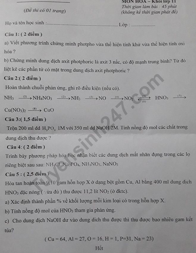 Đề kiểm tra giữa kì 1 môn Hóa lớp 11 năm 2019