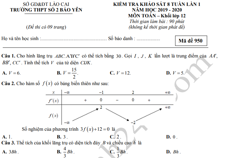 Đề thi giữa kì 1 lớp 12 môn Toán 2019 - THPT số 2 Bảo Yên