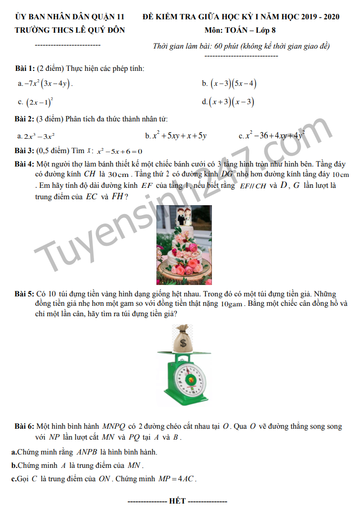 Đề thi giữa kì 1 lớp 8 môn Toán 2019 - THCS Lê Quý Đôn