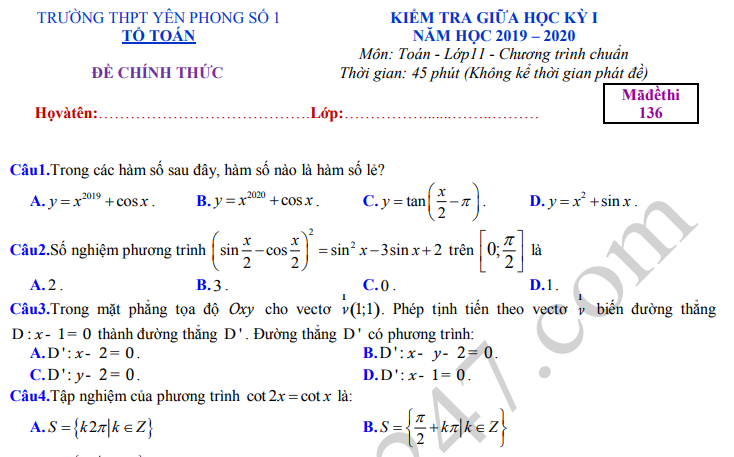 Đề thi giữa kì 1 lớp 11 môn Toán - THPT Yên Phong số 1 năm 2019