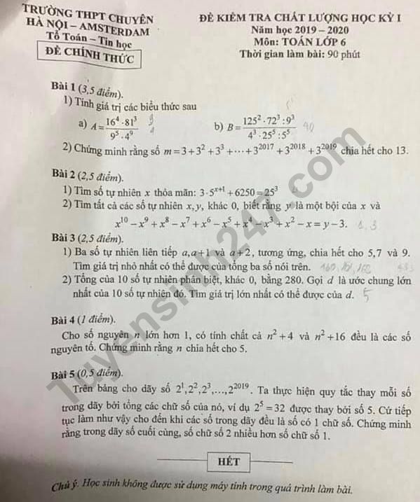 Đề thi kì 1 môn Toán lớp 6 - THPT Chuyên Amsterdam 2019 - 2020