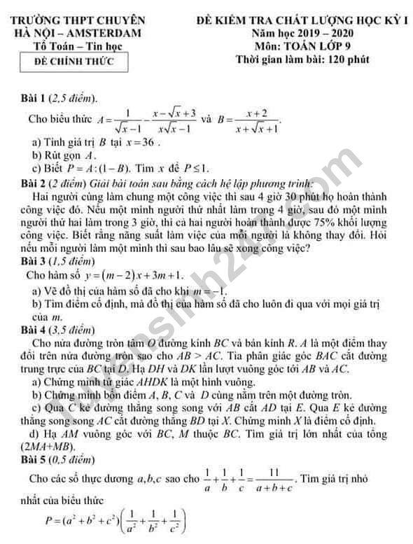 Đề thi kì 1 môn Toán lớp 9 - Chuyên HN Amsterdam 2019