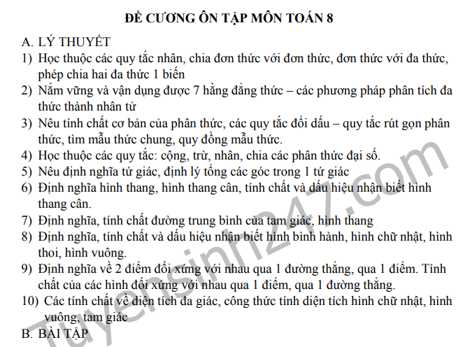 Đề cương ôn tập kì 1 môn Toán lớp 8 - THCS Đoàn Thị Điểm 2019