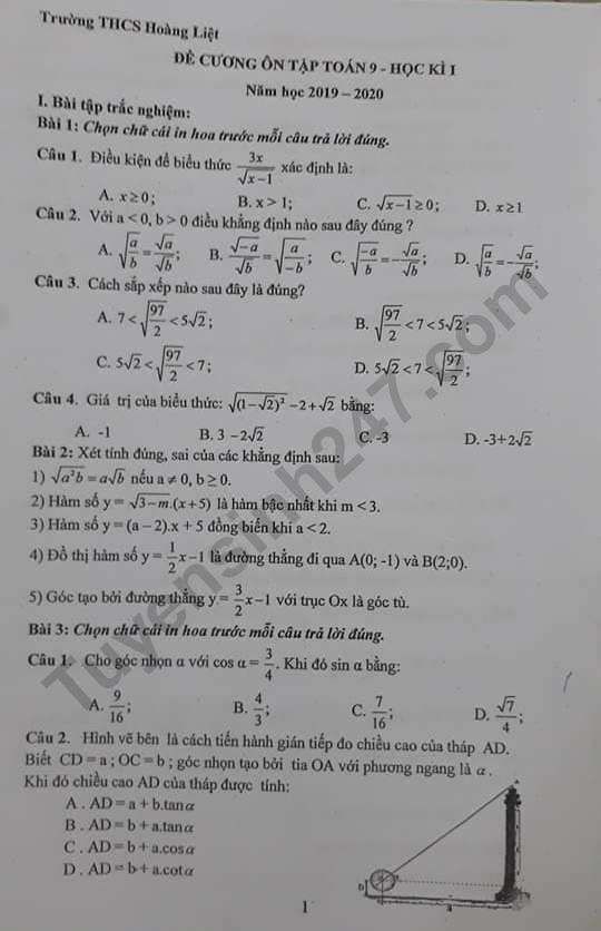 Đề cương ôn tập kì 1 môn Toán lớp 9 - THCS Hoàng Liệt 2019