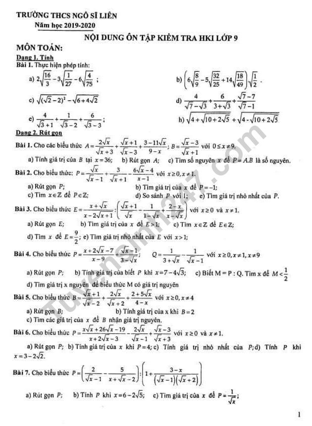 Đề cương ôn tập kì 1 môn Toán lớp 9 năm 2019 - THCS Ngô Sĩ Liên