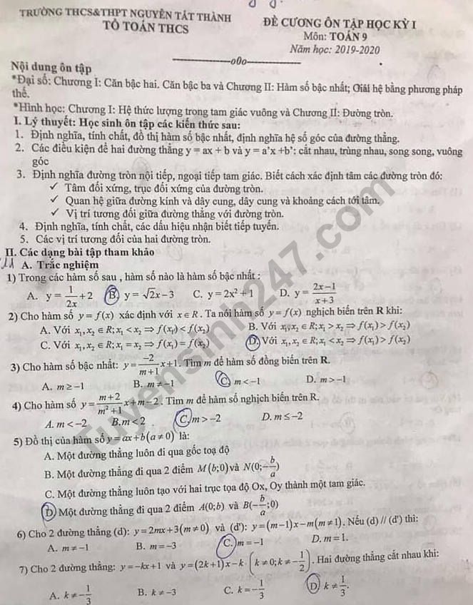 Đề cương ôn tập kì 1 môn Toán lớp 9 - Nguyễn Tất Thành 2019