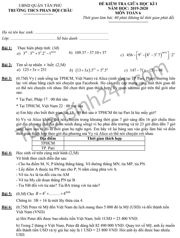 Đề thi giữa kì 1 môn Toán lớp 6 - THCS Phan Bội Châu 2019