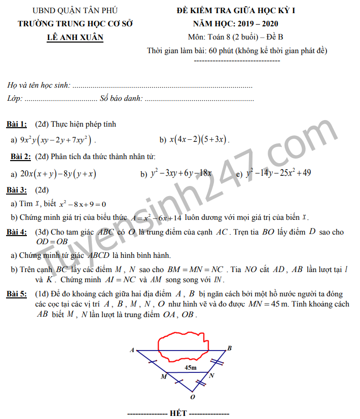 Đề thi giữa kì 1 môn Toán lớp 8 - THCS Lê Anh Xuân 2019