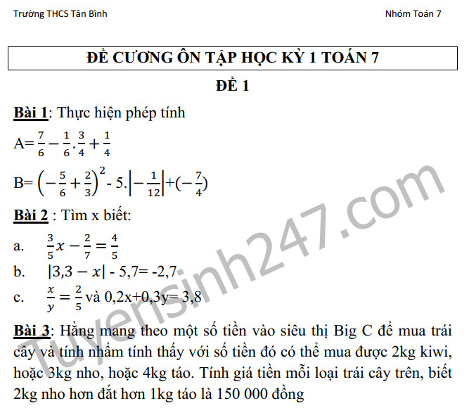 Đề cương kì 1 môn Toán lớp 7 năm 2019 - THCS Tân Bình 