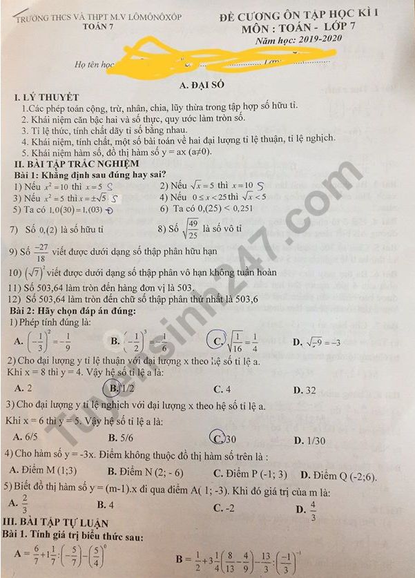 Đề cương kì 1 lớp 7 môn Toán Trường THCS M.V Lômônôxôp 2019