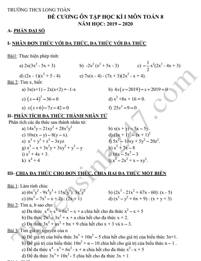 Đề cương ôn tập cuối kì 1 lớp 8 môn Toán - THCS Long Toàn 2019