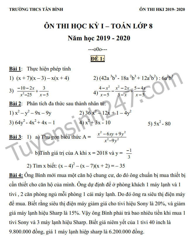 Đề cương môn Toán cuối kì 1 lớp 8 năm 2019 - THCS Tân Bình