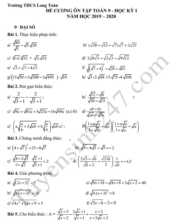 Đề cương cuối kì 1 môn Toán lớp 9 THCS Long Toàn 2019
