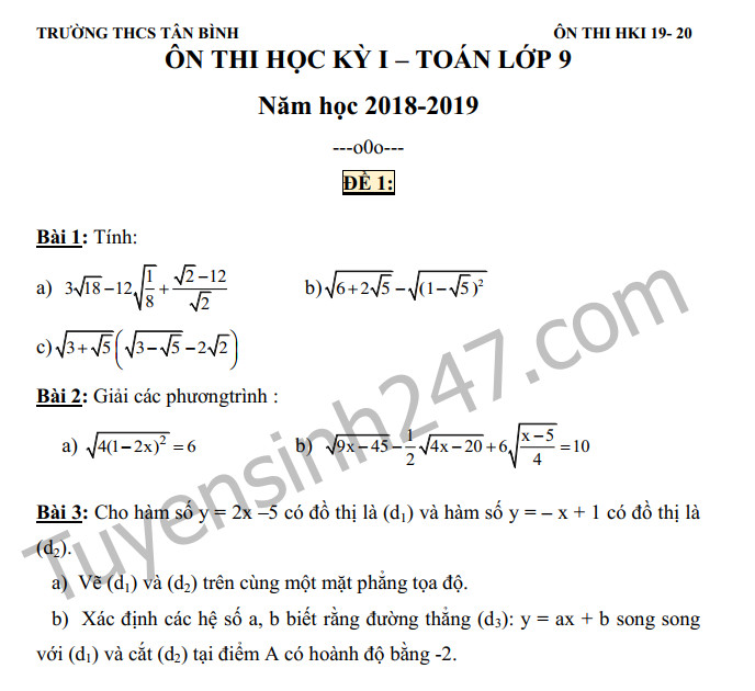 Đề cương cuối kì môn Toán kì 1 lớp 9 THCS Tân Bình năm 2019