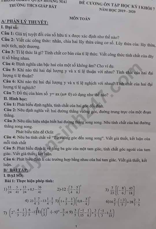 Đề cương ôn tập kì 1 lớp 7 môn Toán 2019 - THCS Giáp Bát