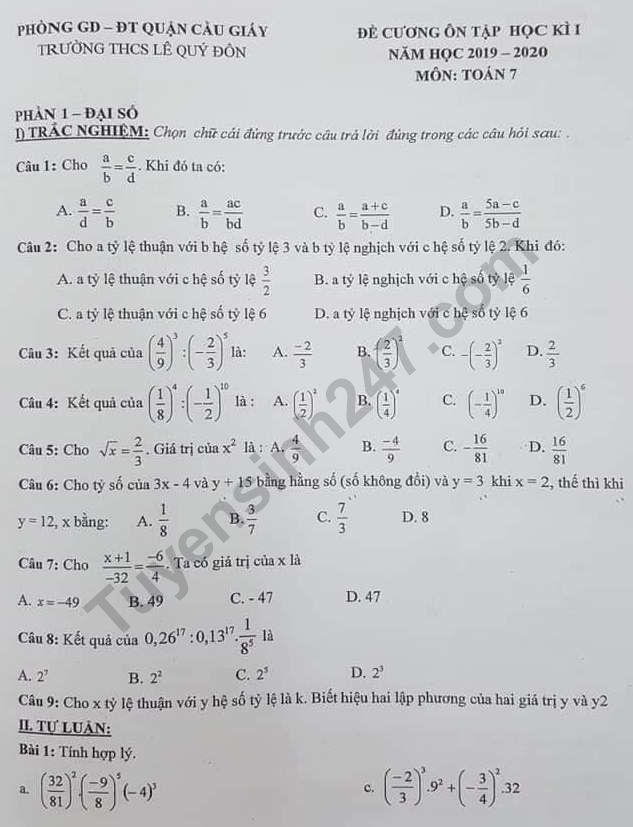 Đề cương ôn tập kì 1 môn Toán lớp 7 - THCS Lê Quý Đôn 2019