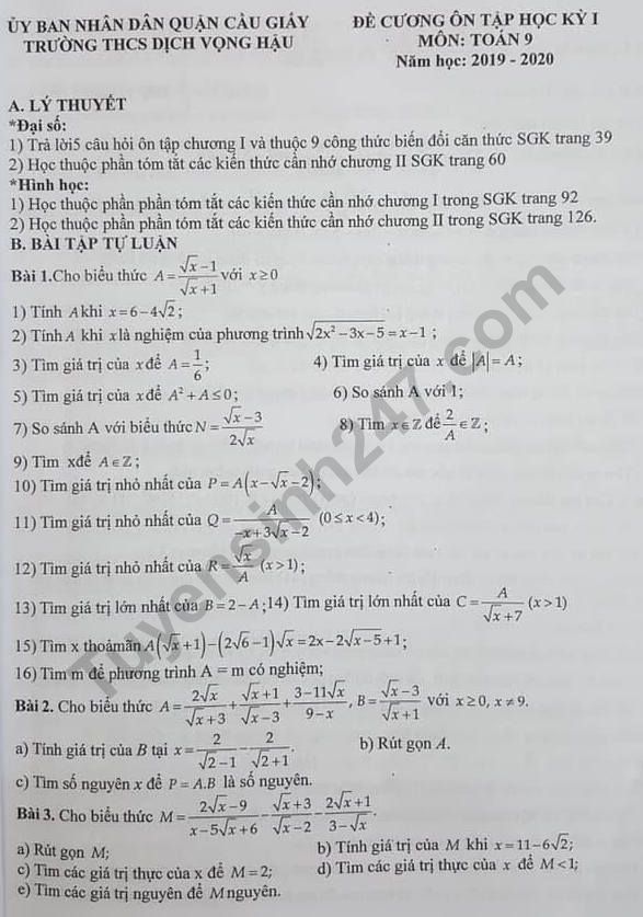 Đề cương ôn tập môn Toán lớp 9 kì 1 - THCS Dịch Vọng Hậu 2019