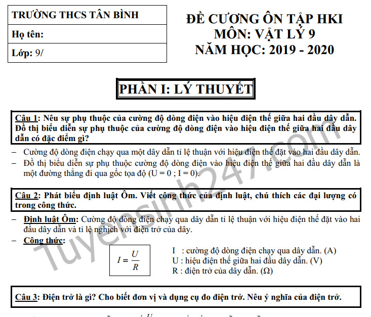 Đề cương kì 1 môn Lý lớp 9 năm 2019 - THCS Tân Bình