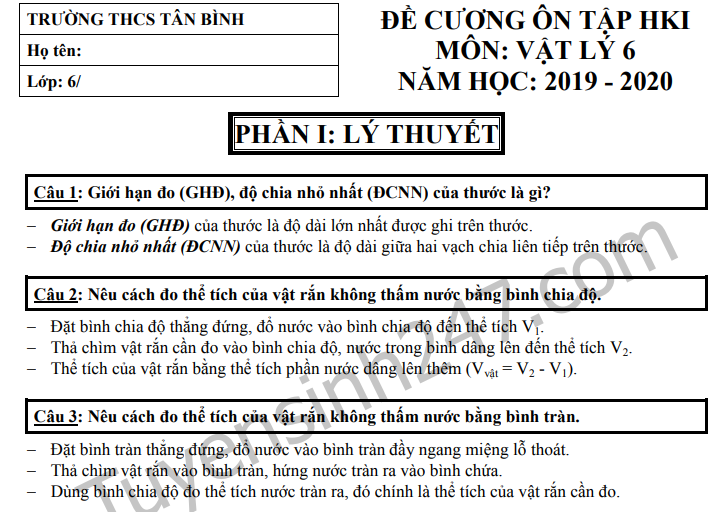 Đề cương ôn tập lớp 6 học kì 1 môn Lý 2019 - THCS Tân Bình