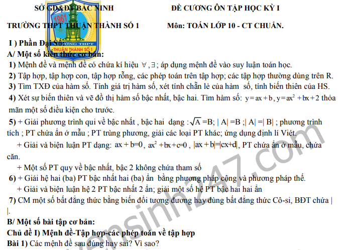 Đề cương ôn tập kì 1 môn Toán lớp 10 2019 THPT Thuận Thành số 1