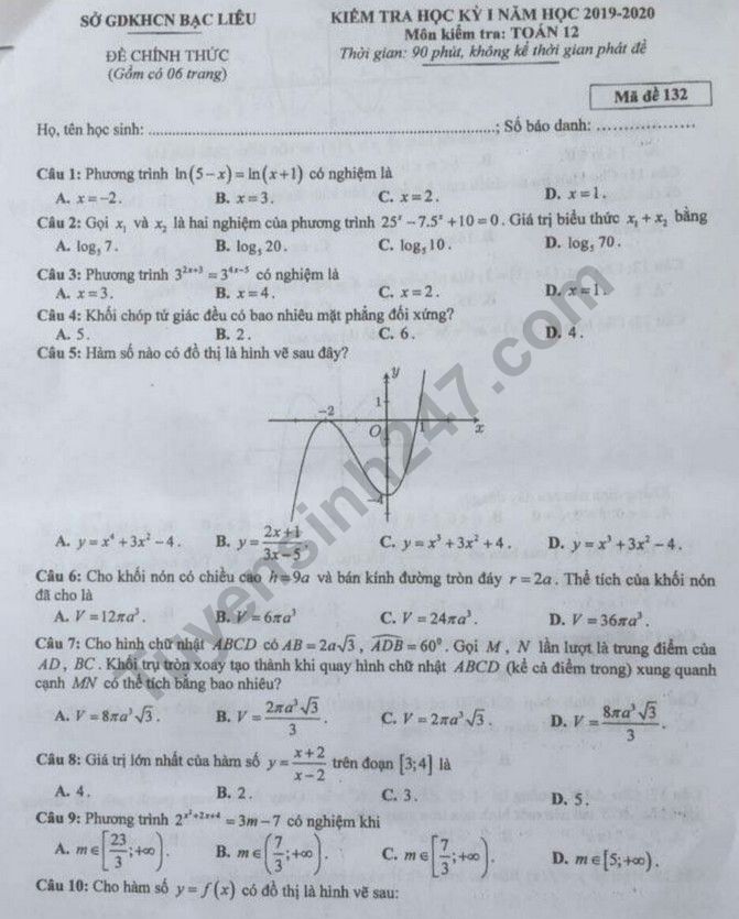 Đề thi kì 1 lớp 12 môn Toán Sở GD Bạc Liêu năm 2019 - 2020