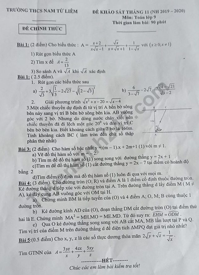 Đề khảo sát tháng 11 môn Toán lớp 9 - THCS Nam Từ Liêm 2019